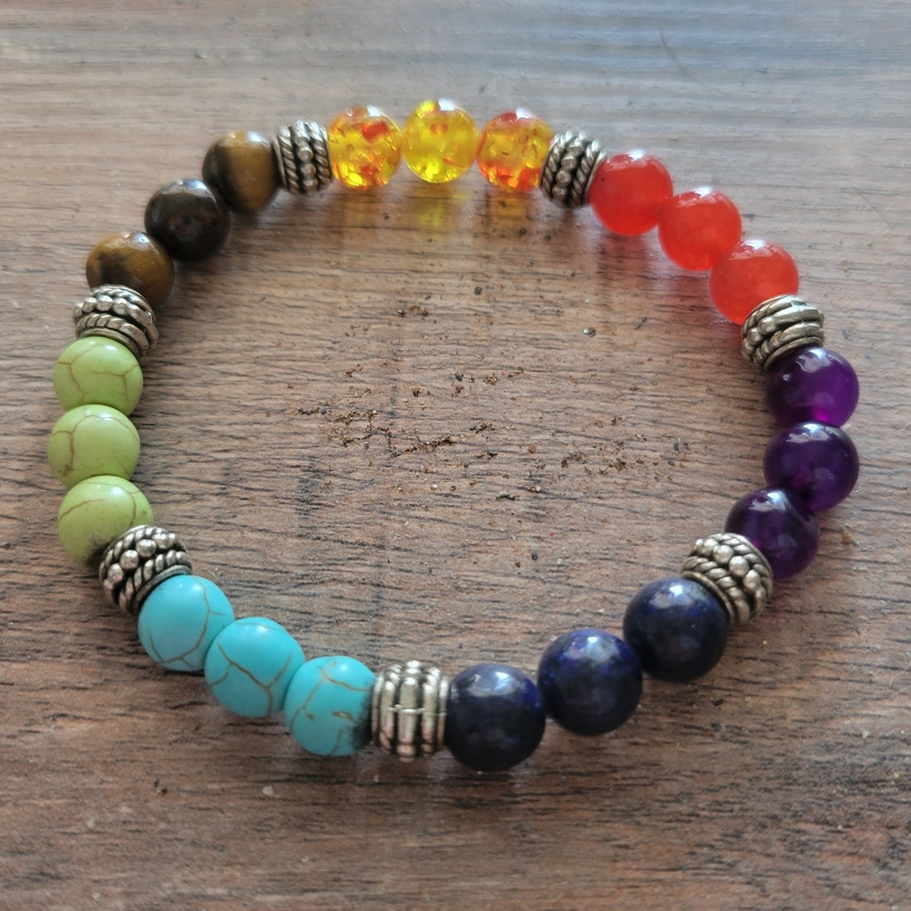 NEW!  Seven Chakras- Gemstone Beaded Stretch Bracelet - Vibrant Mixed Stones
